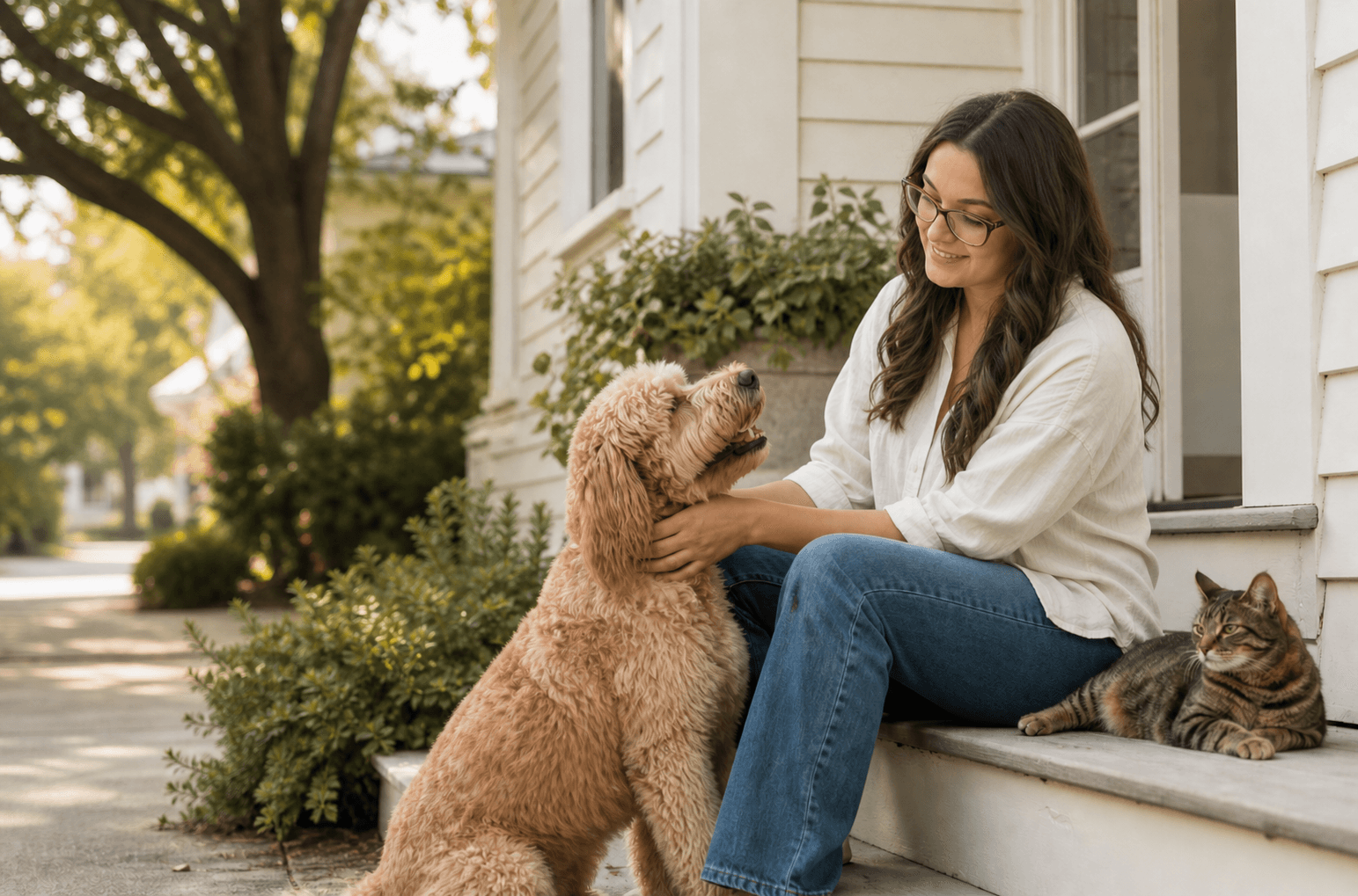 Maggie spending time with a dog and cat on a sunny porch